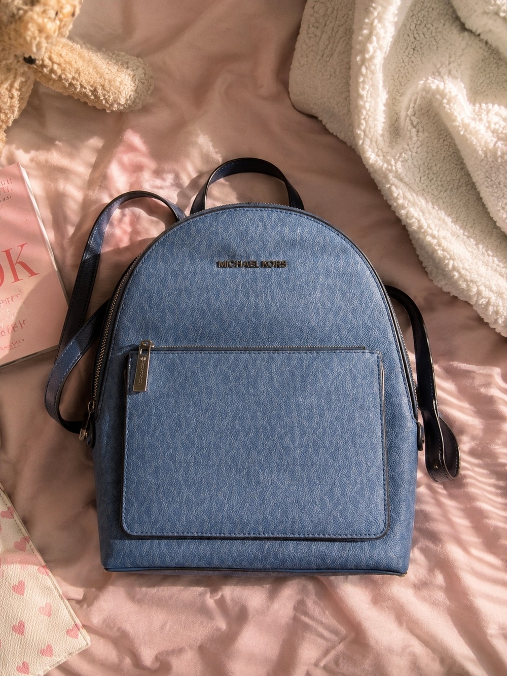 Michael Kors Blue Signature Backpack Purse | Leather Trim | Silver Hardware